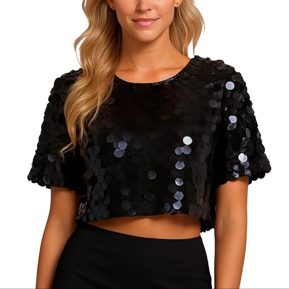 A New Day Shimmering Black Sequin Blouse Crop Lrg